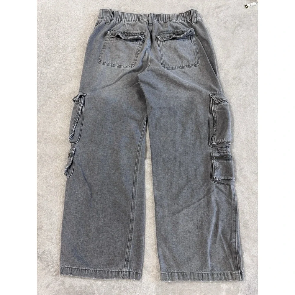 Aeropostale Gray Denim Cargo Jeans Wide Leg Baggy Multi-Pocket Elastic Waist - Picture 7 of 9